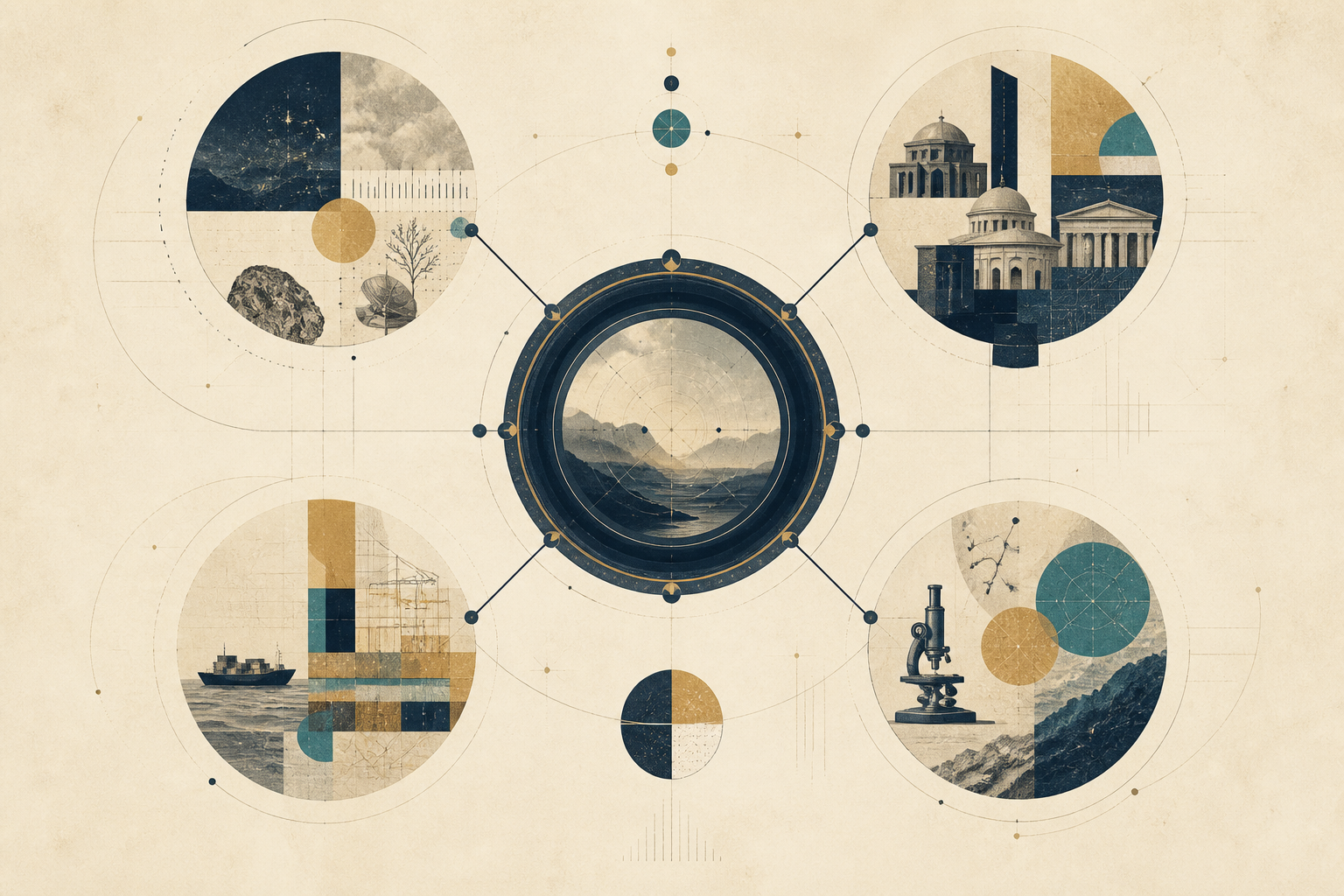 Editorial illustration of a central observing lens connecting four research fields: evidence, institutions, distribution, and capability.