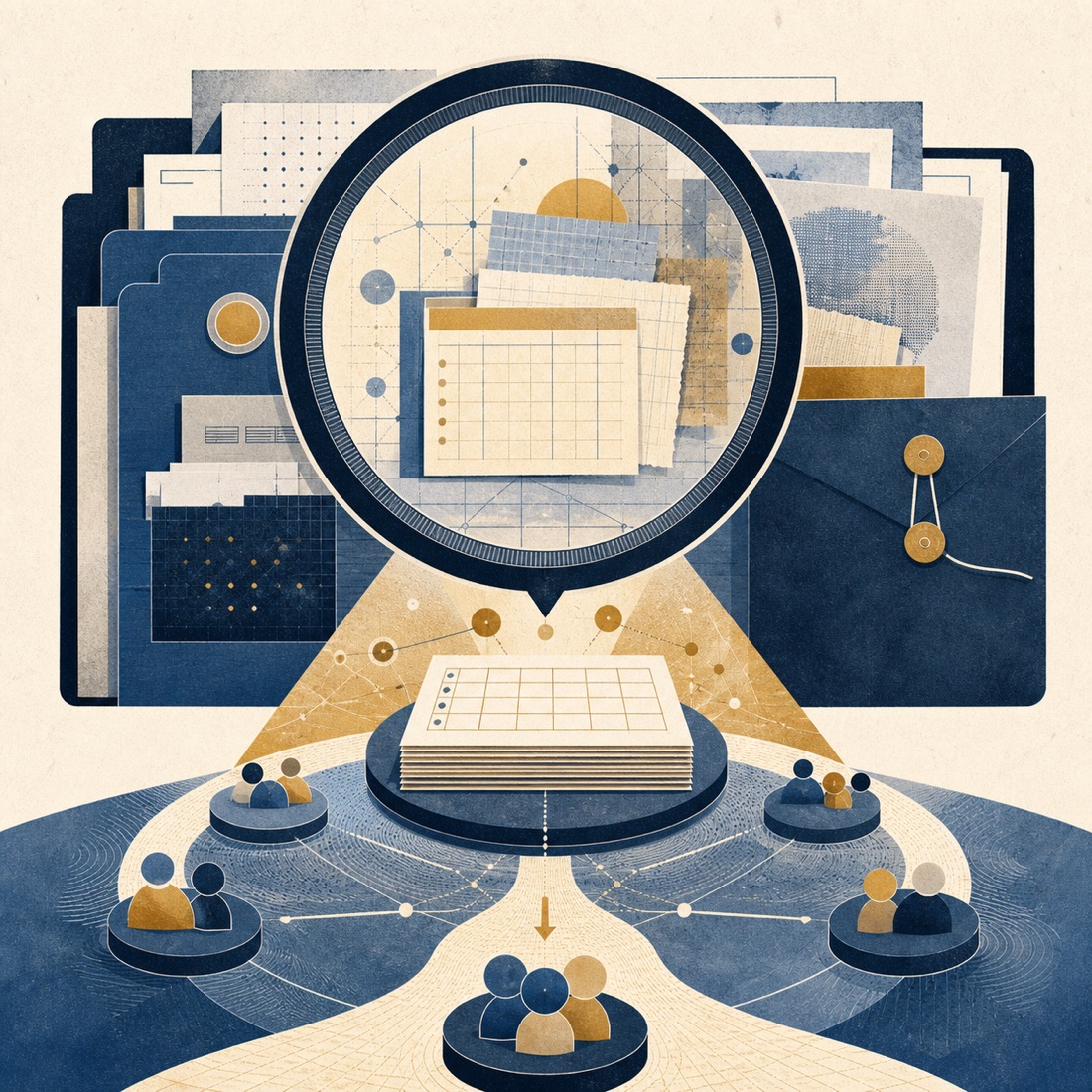 Editorial collage of an observation lens, layered records, and linked public nodes.
