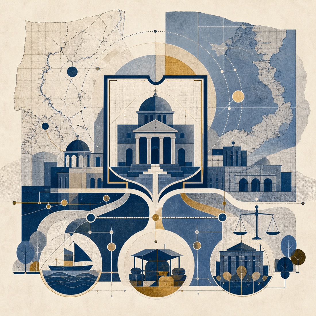 Editorial collage of civic buildings, map layers, legal pathways, and connected institutions.