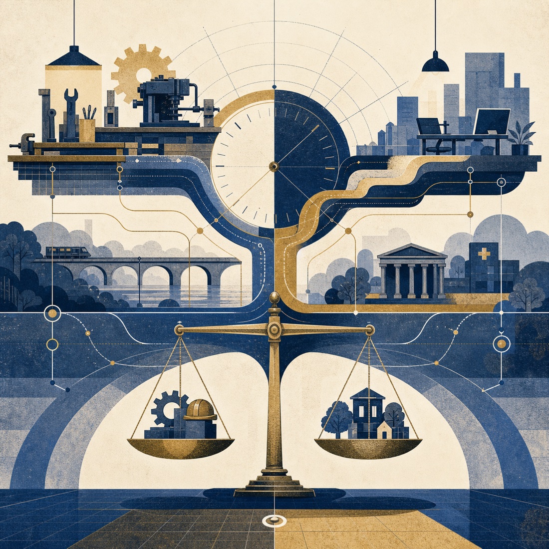 Editorial collage of industrial and service work, a time grid, public infrastructure, and balanced pathways.