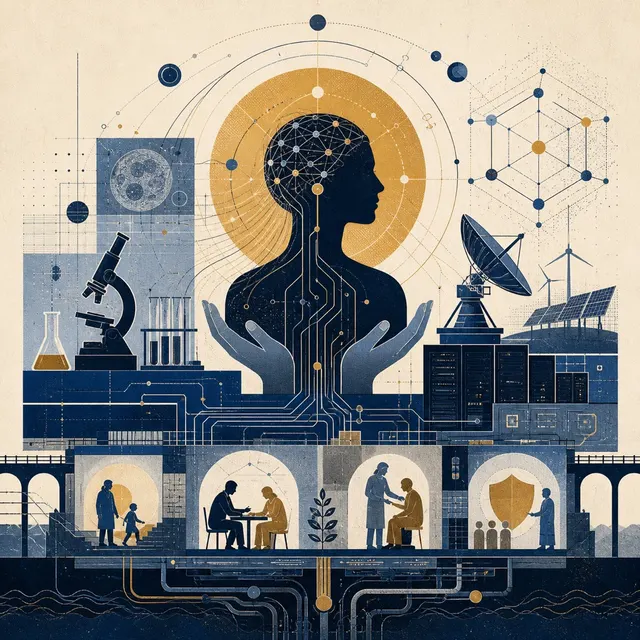 Editorial collage of a human figure connected to laboratory instruments, energy, compute, and care systems.