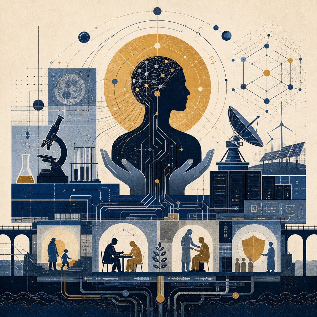 Editorial collage of a human figure connected to laboratory instruments, energy, compute, and care systems.